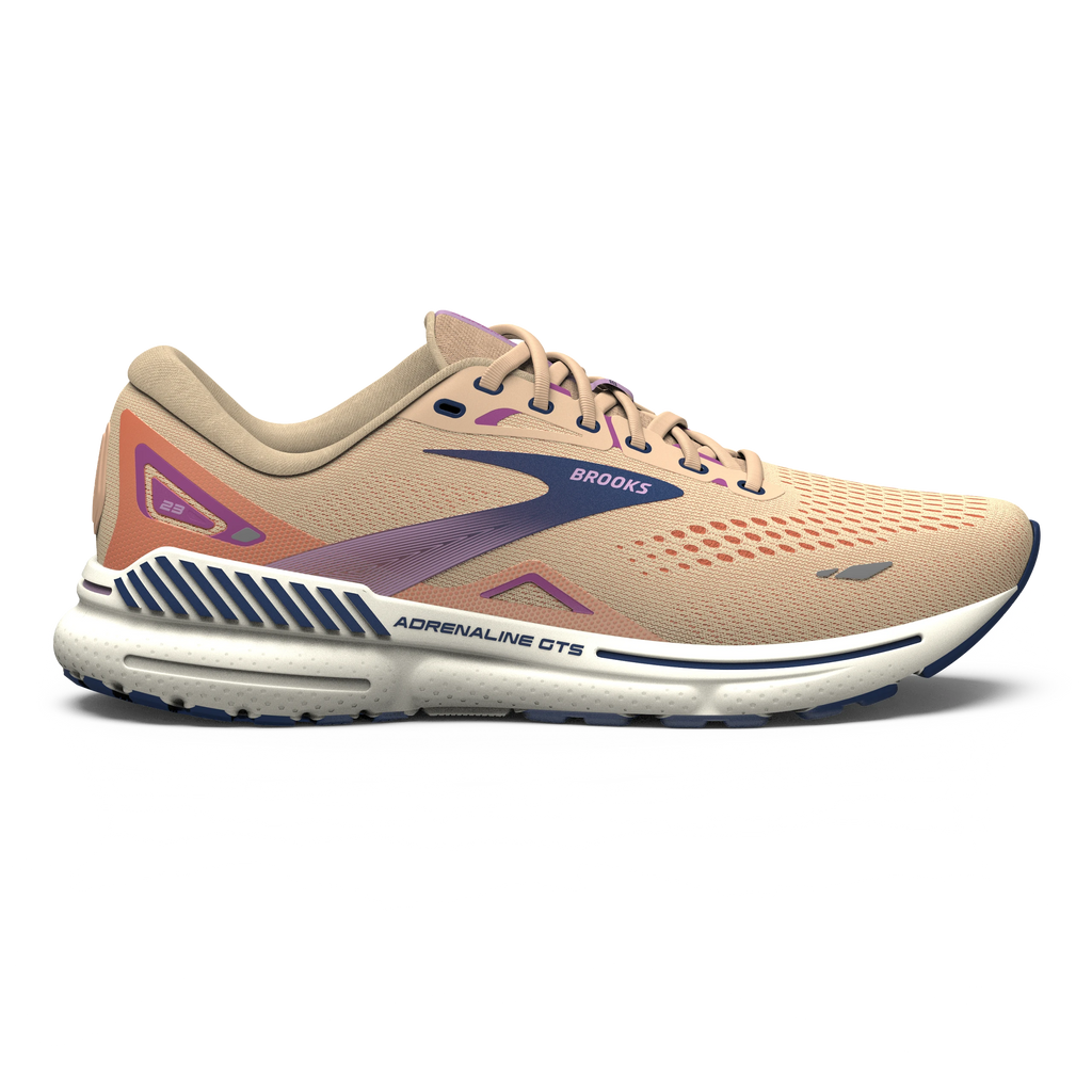 Women's Brooks Adrenaline GTS 23. Tan upper. White midsole. Lateral view.
