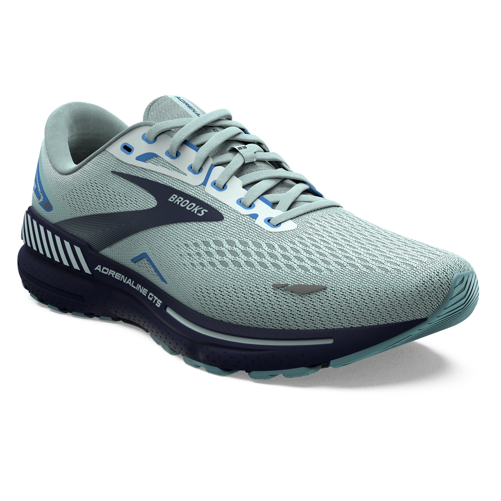 Women's Brooks Adrenaline GTS 23. Grey upper. Navy midsole. Lateral view.