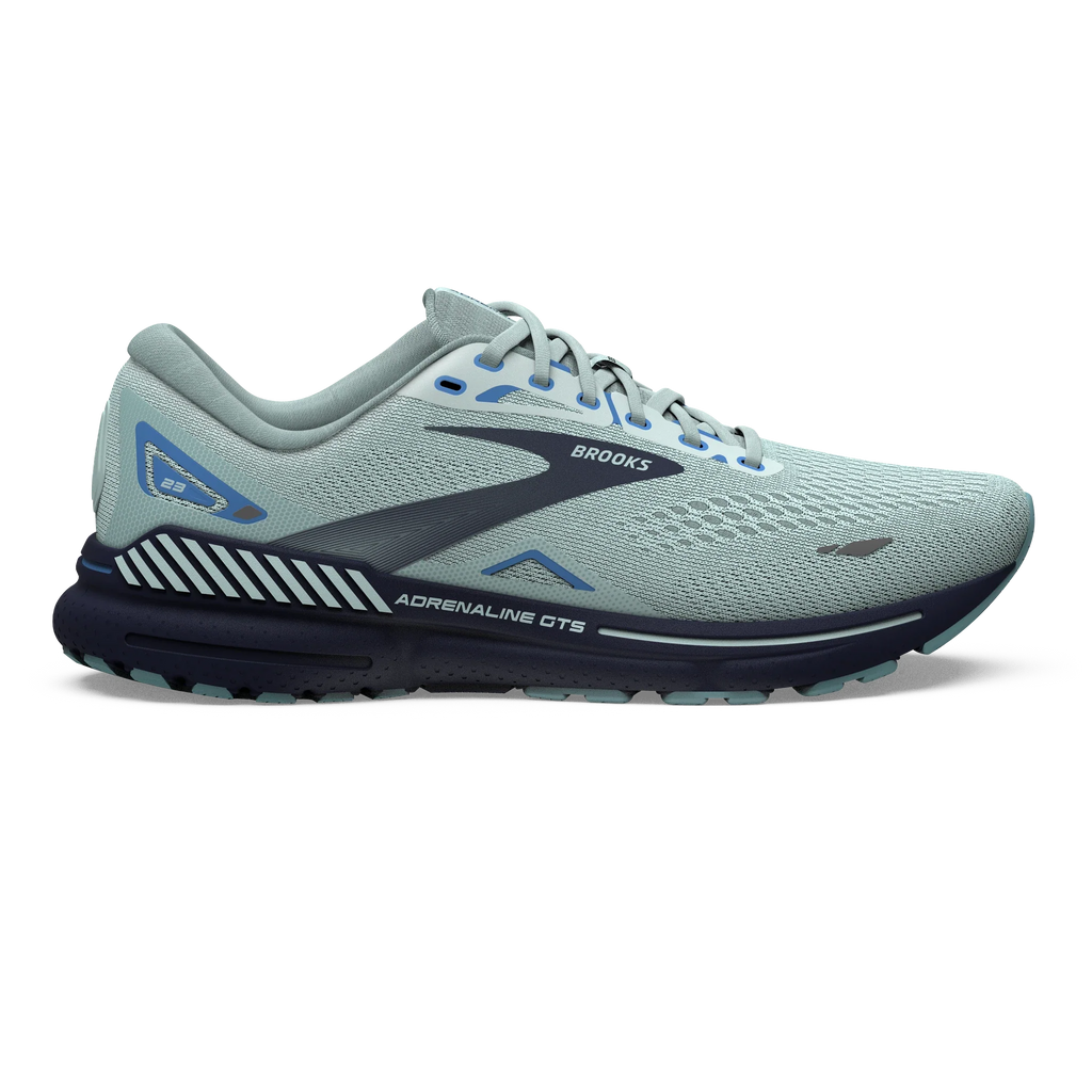 Women's Brooks Adrenaline GTS 23. Grey upper. Navy midsole. Lateral view.