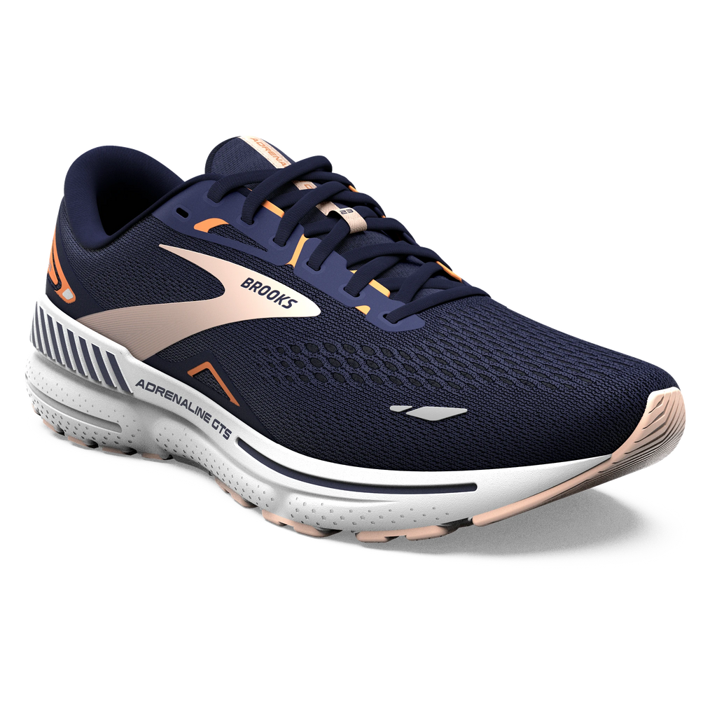Women's Brooks Adrenaline GTS 23. Navy upper. White midsole. Lateral view.