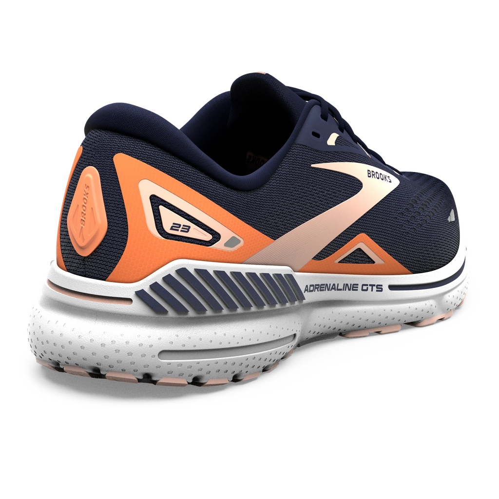 Women's Brooks Adrenaline GTS 23. Navy upper. White midsole. Rear/Lateral view.