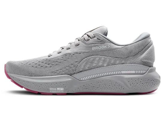 Women's Brooks Adrenaline GTS 24. Grey upper. Grey midsole. Medial view.