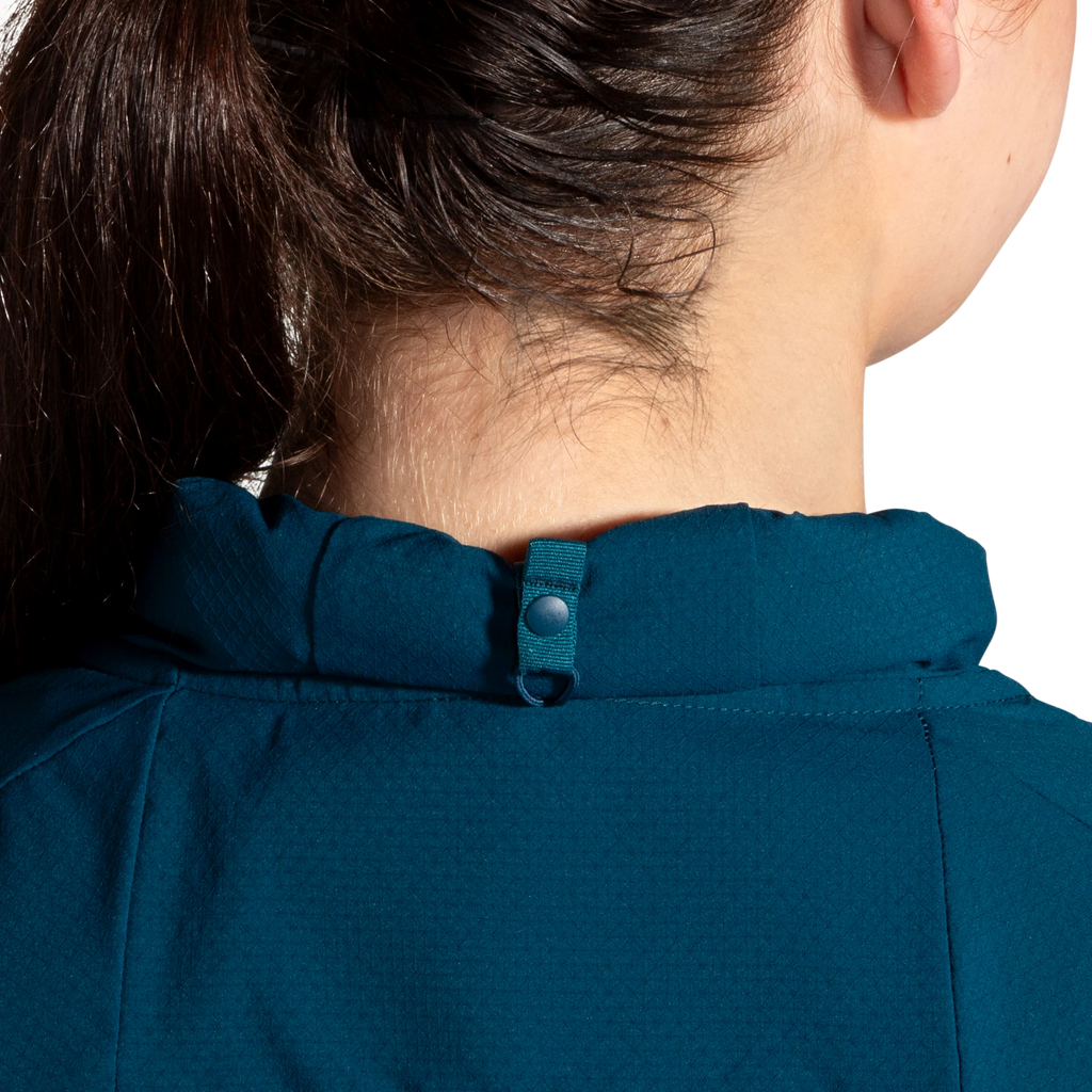 Women's Brooks Canopy Jacket. Blue. Rear closeup.