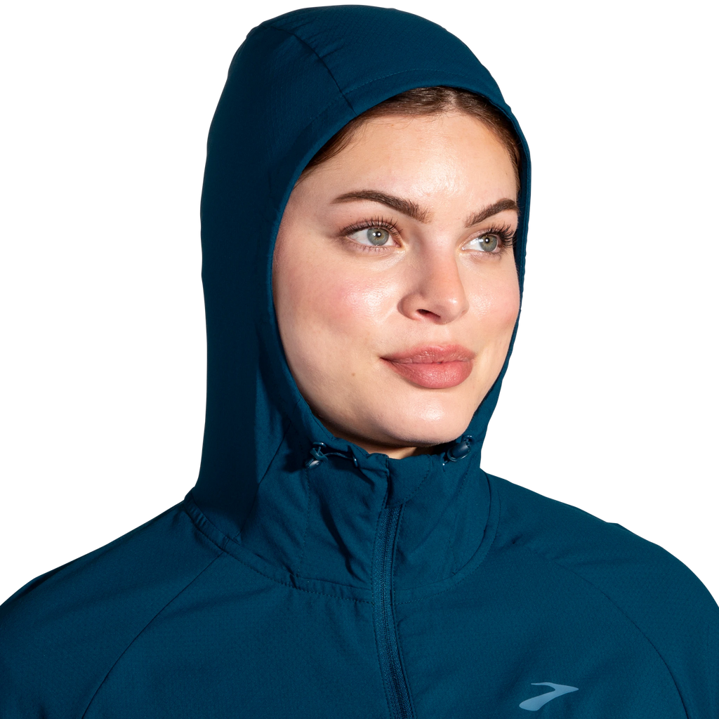Women's Brooks Canopy Jacket. Blue. Hood closeup.