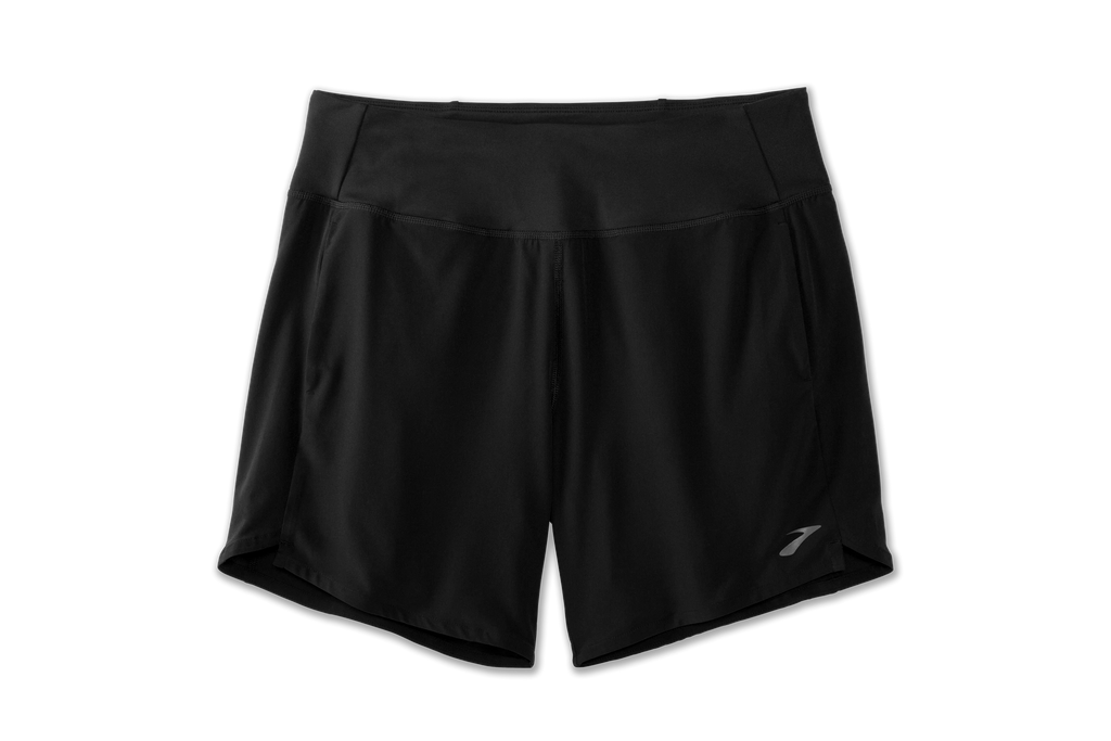 Women's Brooks Chaser 7" Shorts. Black. Front view.