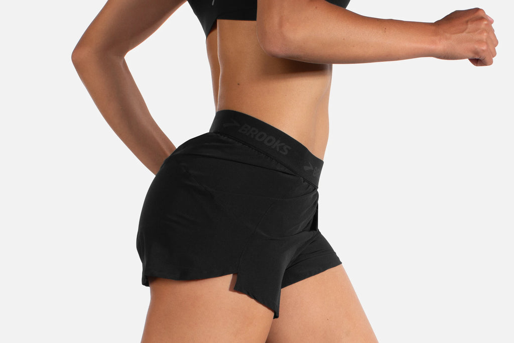 Women's Brooks Chaser 3" Shorts. Black. Lateral view.