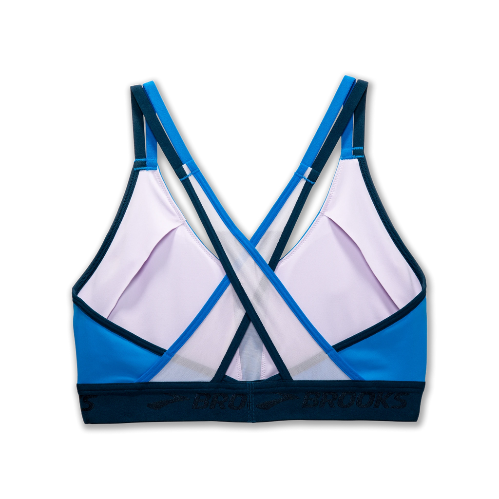 Women's Brooks Drive Plunge Run Bra 2.0. Blue. Rear view.