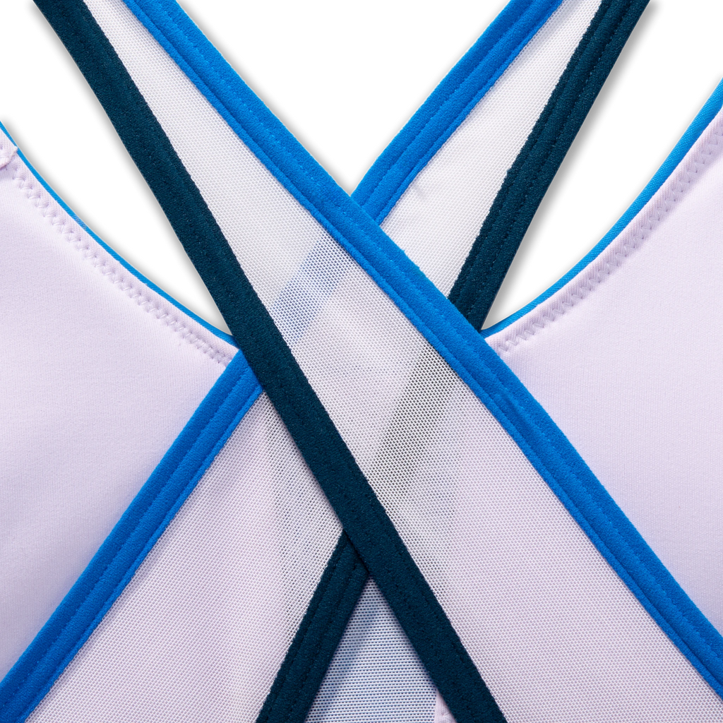 Women's Brooks Drive Plunge Run Bra 2.0. Blue. Rear view.