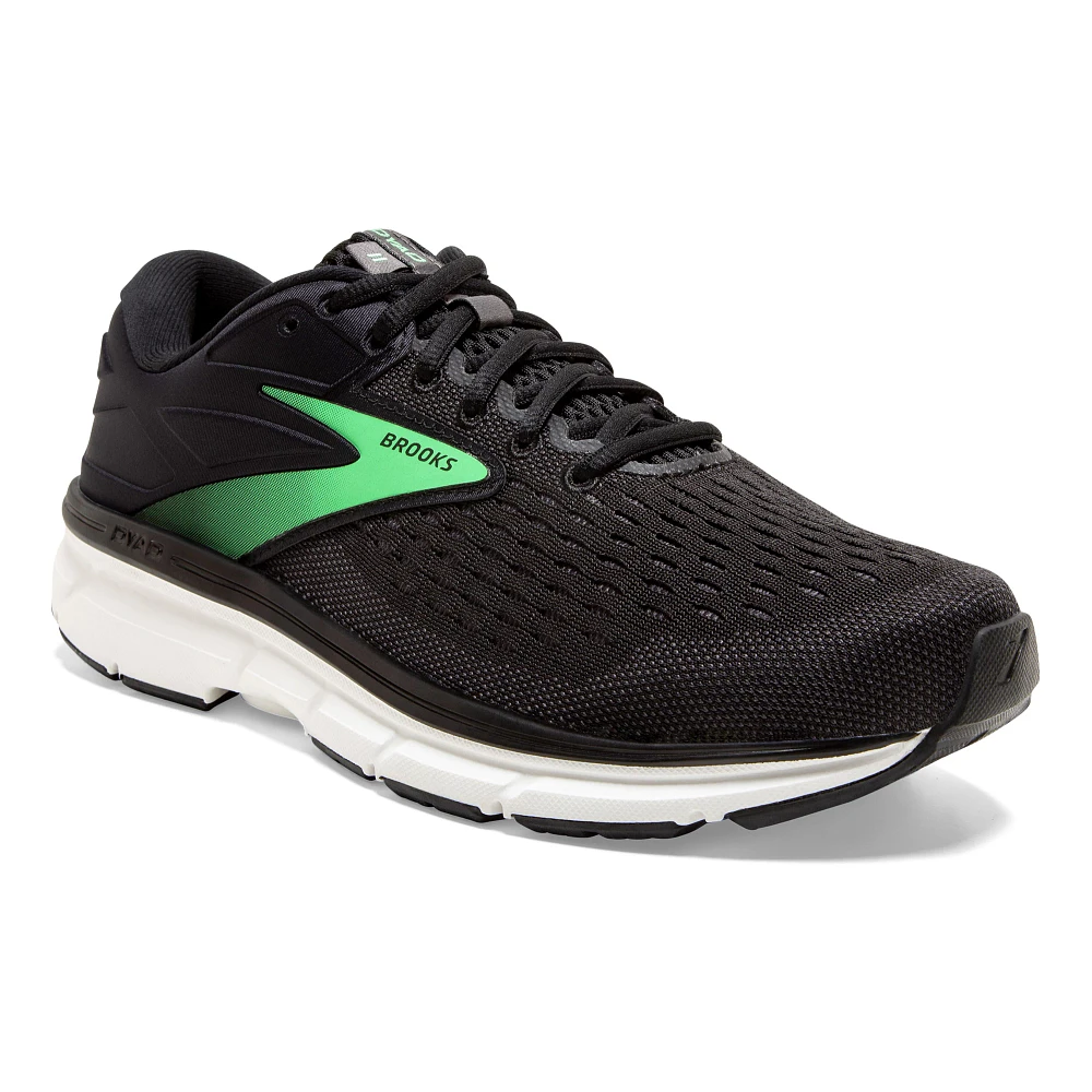 Women's Brooks Dyad 11. Black upper. White midsole. Lateral view.