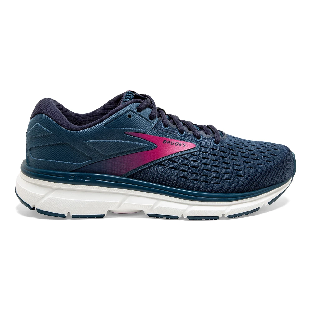 Women's Brooks Dyad 11. Navy upper. White midsole. Lateral view.