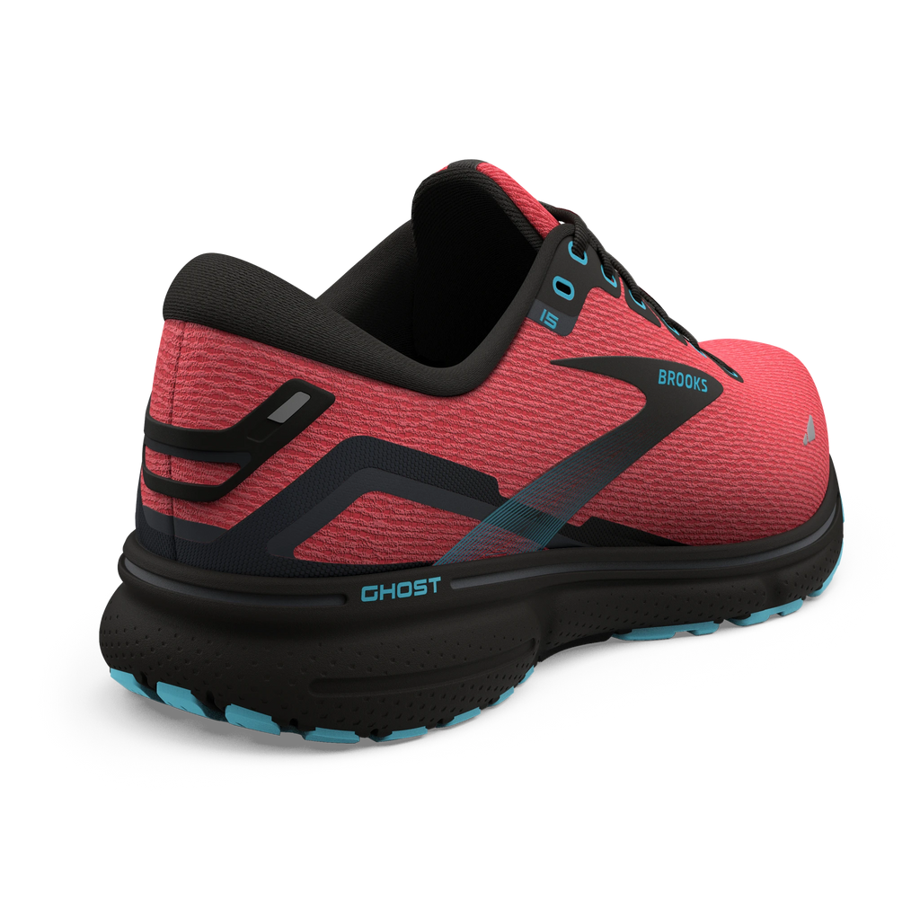 Women's Brooks Ghost 15. Red upper. Black midsole. Rear/Lateral view.
