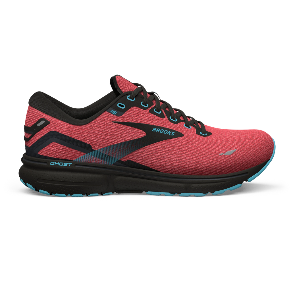Women's Brooks Ghost 15. Red upper. Black midsole. Lateral view.
