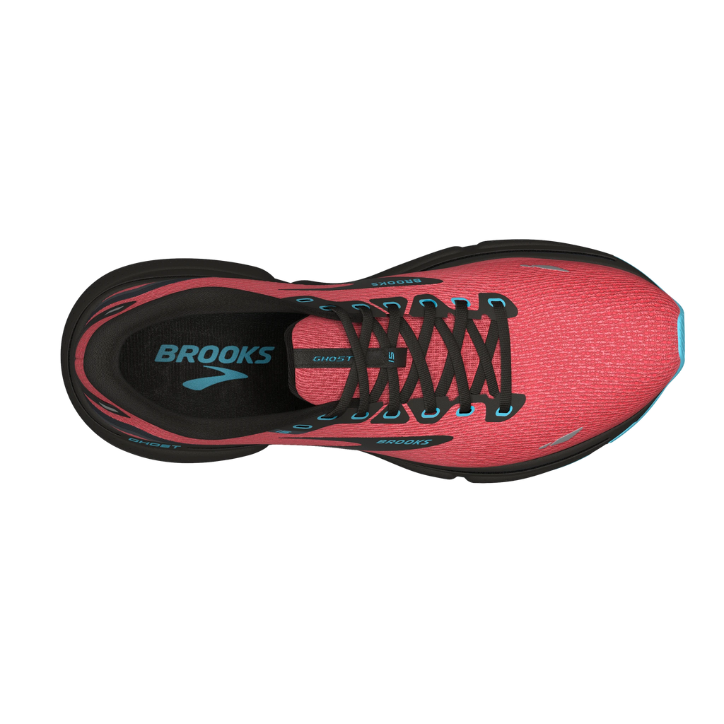 Women's Brooks Ghost 15. Red upper. Black midsole. Top view.