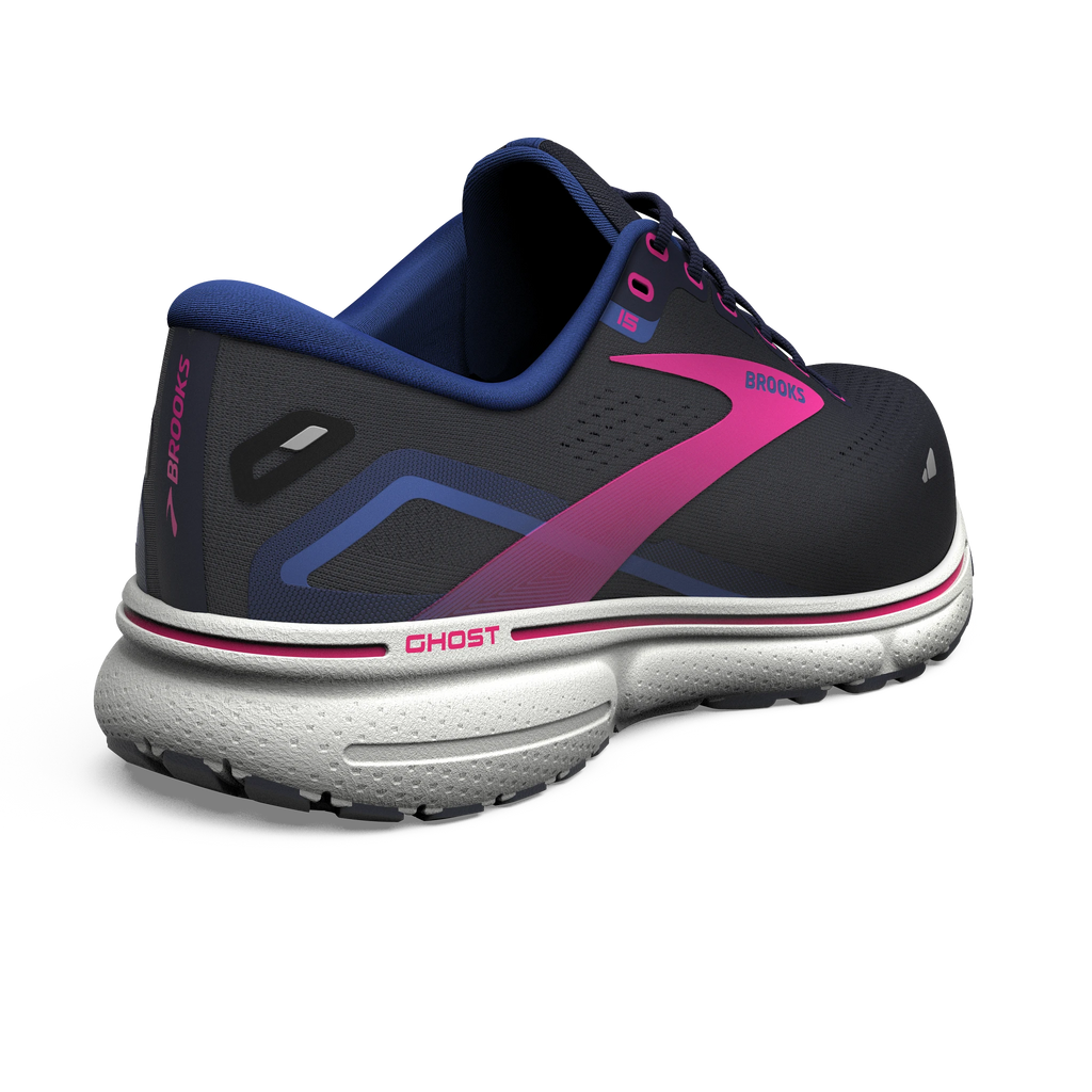 Women's Brooks Ghost 15 GTX. Black upper. White midsole. Front/Lateral view.