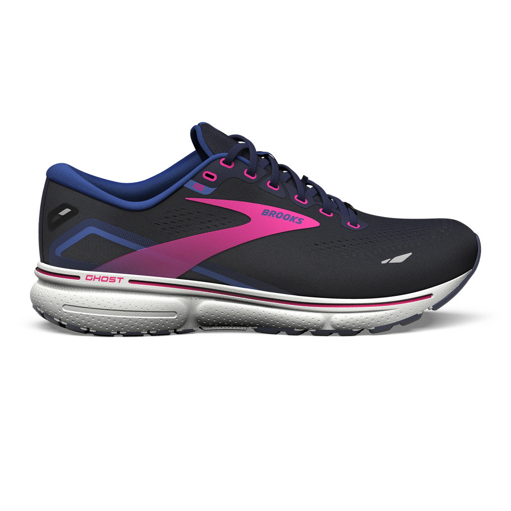 Women's Brooks Ghost 15 GTX. Black upper. White midsole. Lateral view.
