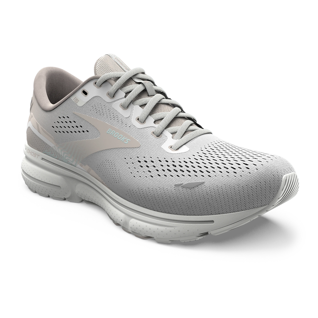Women's Brooks Ghost 15. Grey upper. White midsole. Lateral view.