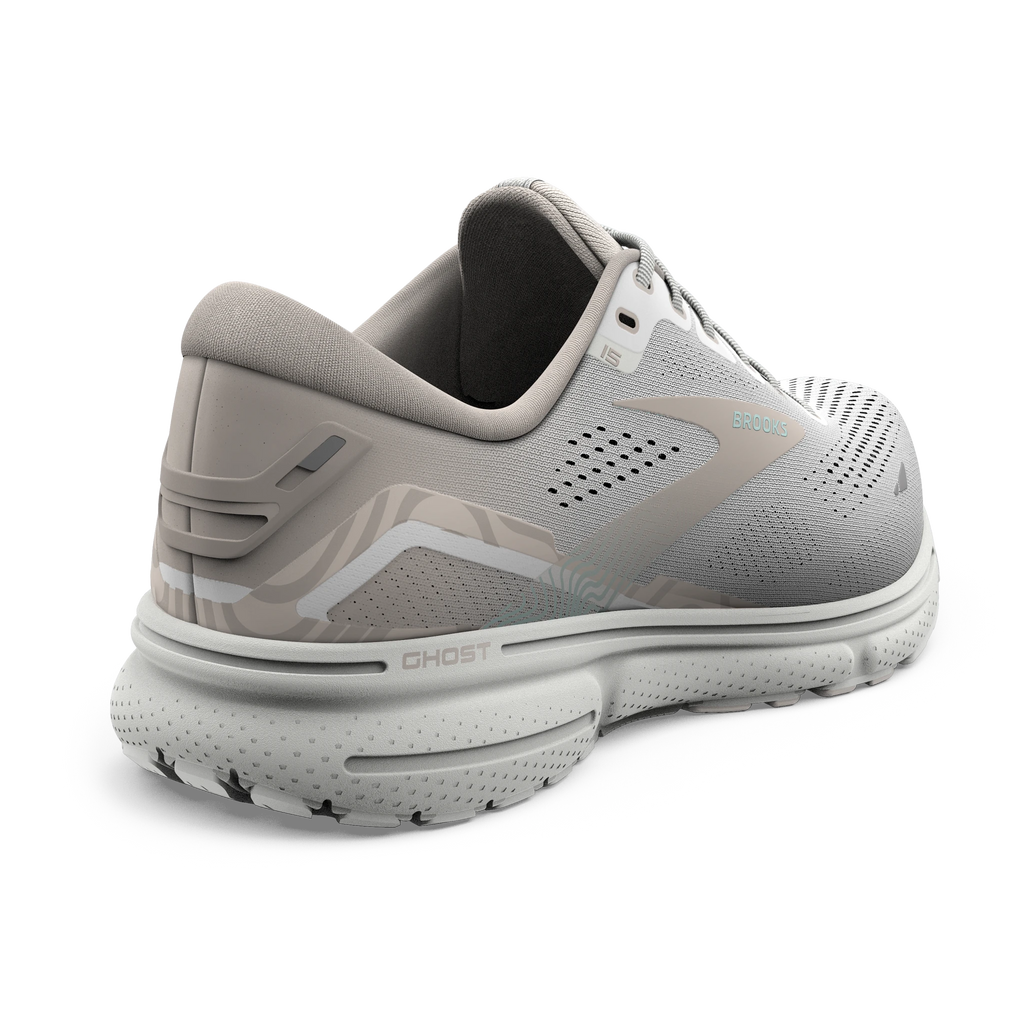 Women's Brooks Ghost 15. Grey upper. White midsole. Rear/Lateral view.