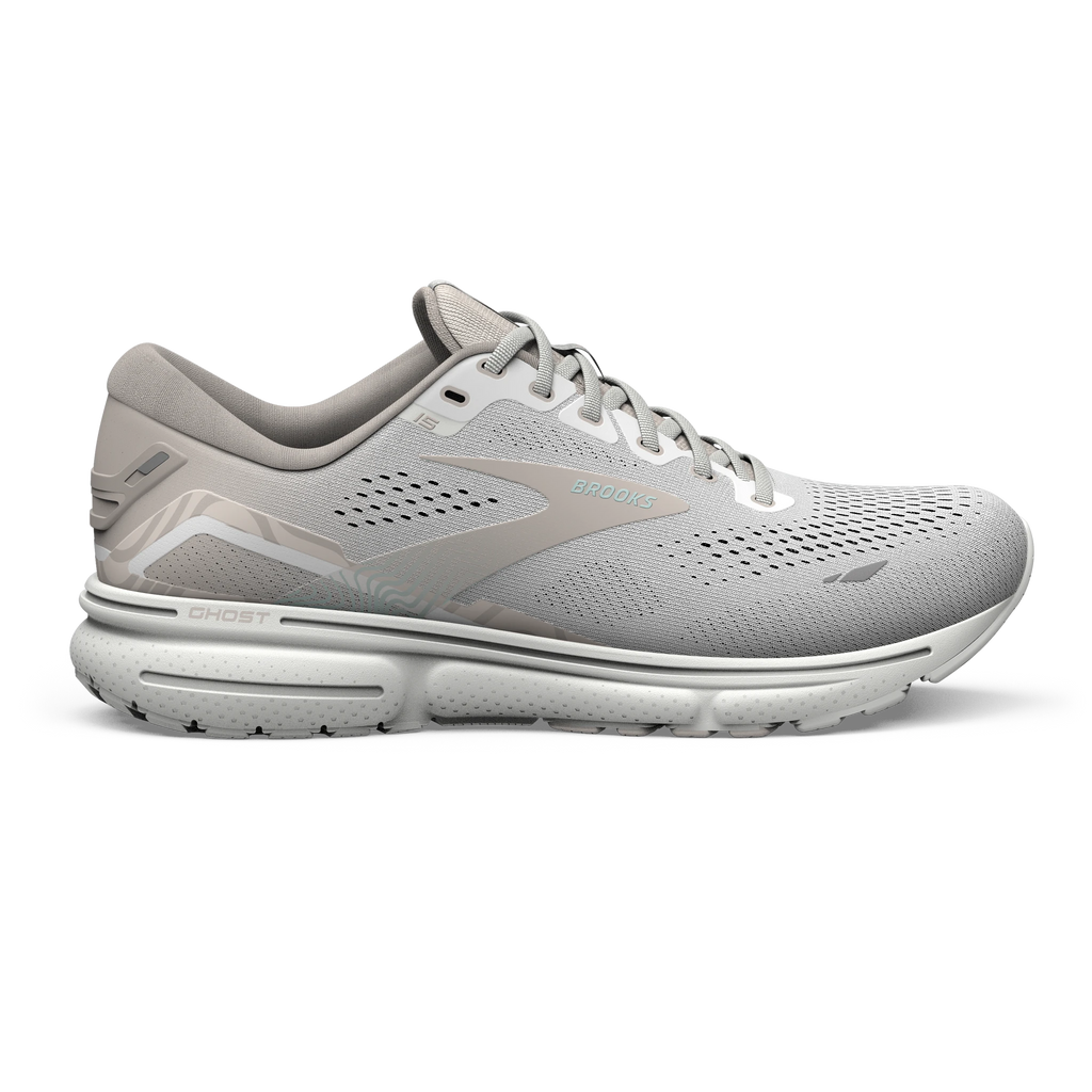 Women's Brooks Ghost 15. Grey upper. White midsole. Lateral view.