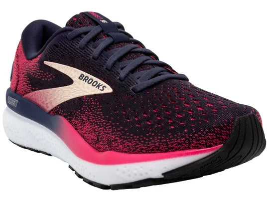 Women's Brooks Ghost 16. Black/Red upper. White midsole. Lateral view.