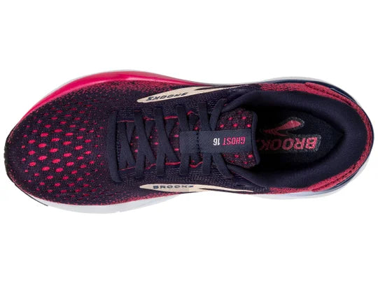 Women's Brooks Ghost 16. Black/Red upper. White midsole. Top view.