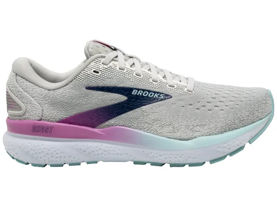 Women's Brooks Ghost 16. Light Grey upper. White midsole. Lateral view.