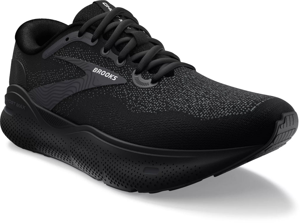 Women's Brooks Ghost Max. Black upper. Black midsole. Lateral view.