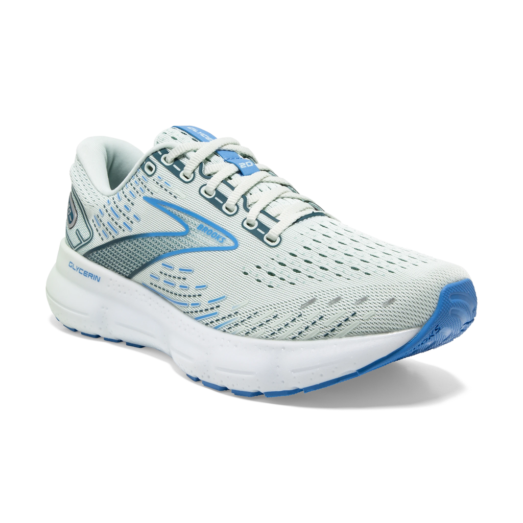 Women's Brooks Glycerin 20. White upper. White midsole. Lateral view.