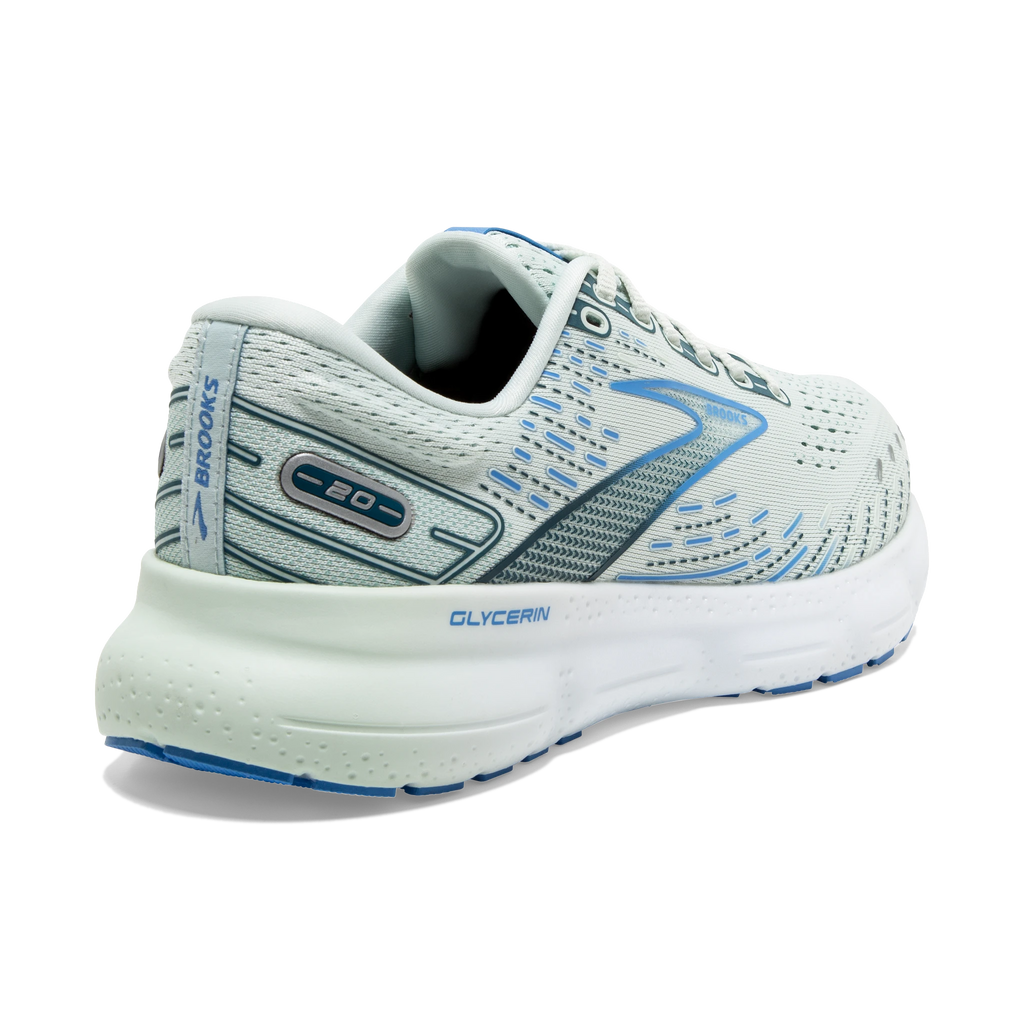 Women's Brooks Glycerin 20. White upper. White midsole. Rear/Lateral view.
