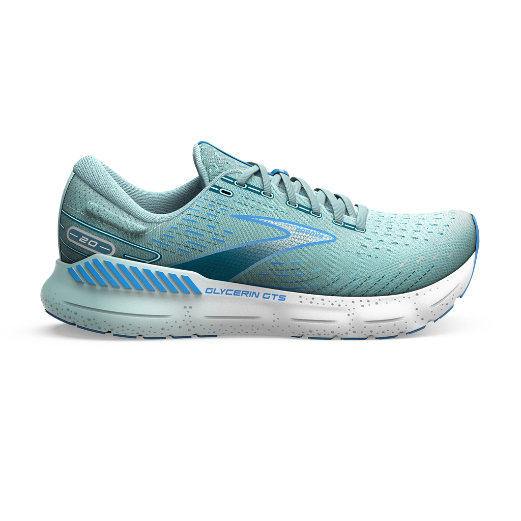 Women's Brooks Glycerin GTS 20. Blue/Green upper. White midsole. Lateral view.