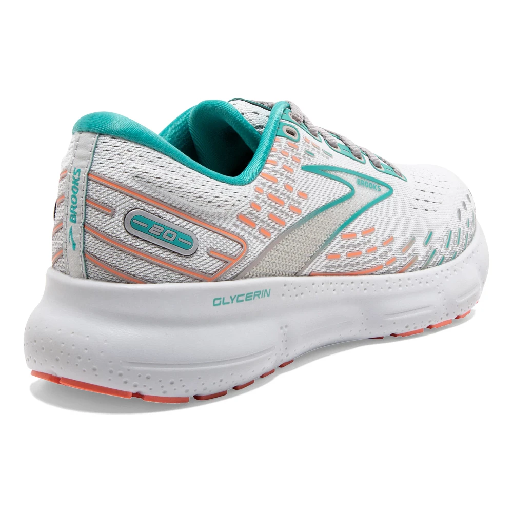 Women's Brooks Glycerin 20. White upper. White midsole. Rear/Lateral view.