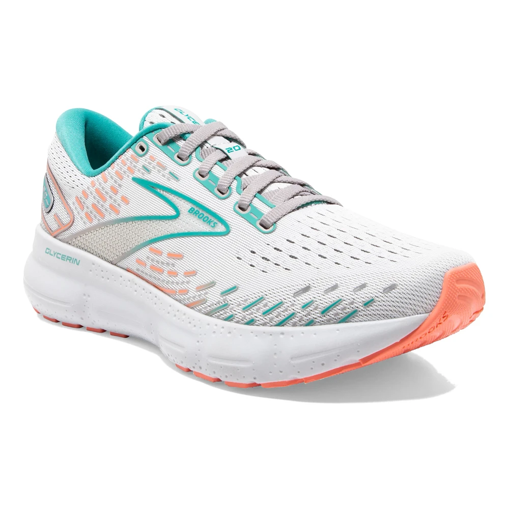 Women's Brooks Glycerin 20. White upper. White midsole. Lateral view.