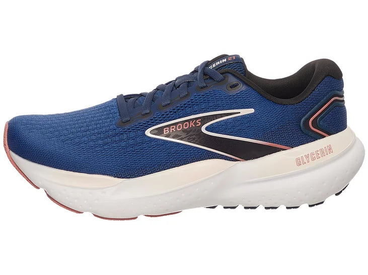 Women's Brooks Glycerin 21. Blue upper. White midsole. Lateral view.