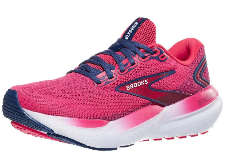 Women's Brooks Glycerin 21. Red/Pink upper. White midsole. Lateral view.