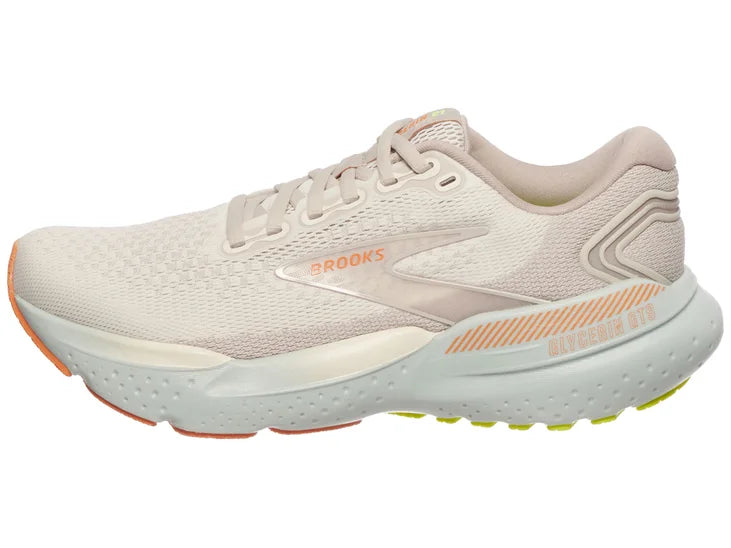 Women's Brooks Glycerin GTS 21. Off White upper. White midsole. Lateral view.