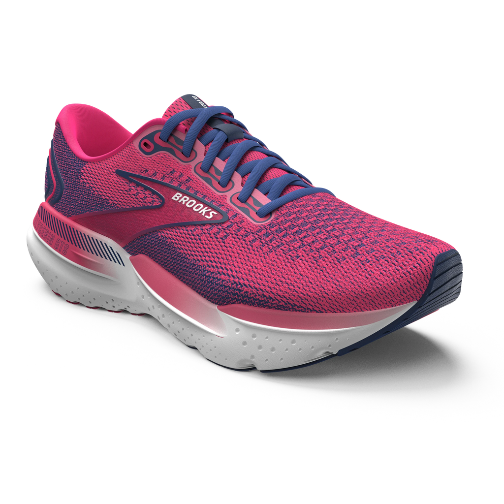 Women's Brooks Glycerin GTS 21. Red upper. White midsole. Lateral view.
