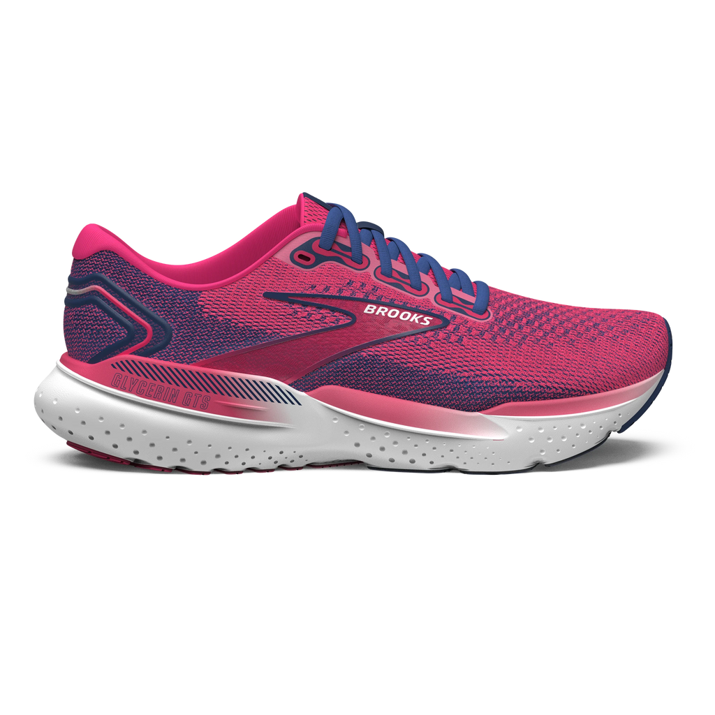 Women's Brooks Glycerin GTS 21. Red upper. White midsole. Lateral view.