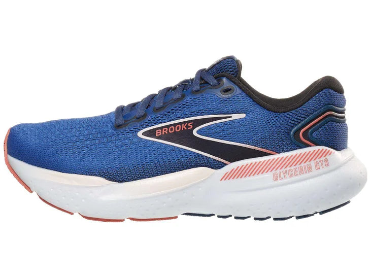Women's Brooks Glycerin GTS 21. Blue upper. White midsole. Lateral view.