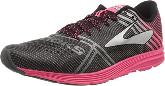 Women's Brooks Hyperion. Black upper. Pink midsole. Front/Lateral view.