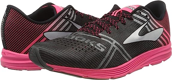 Women's Brooks Hyperion. Black upper. Pink midsole. Front/Lateral view.