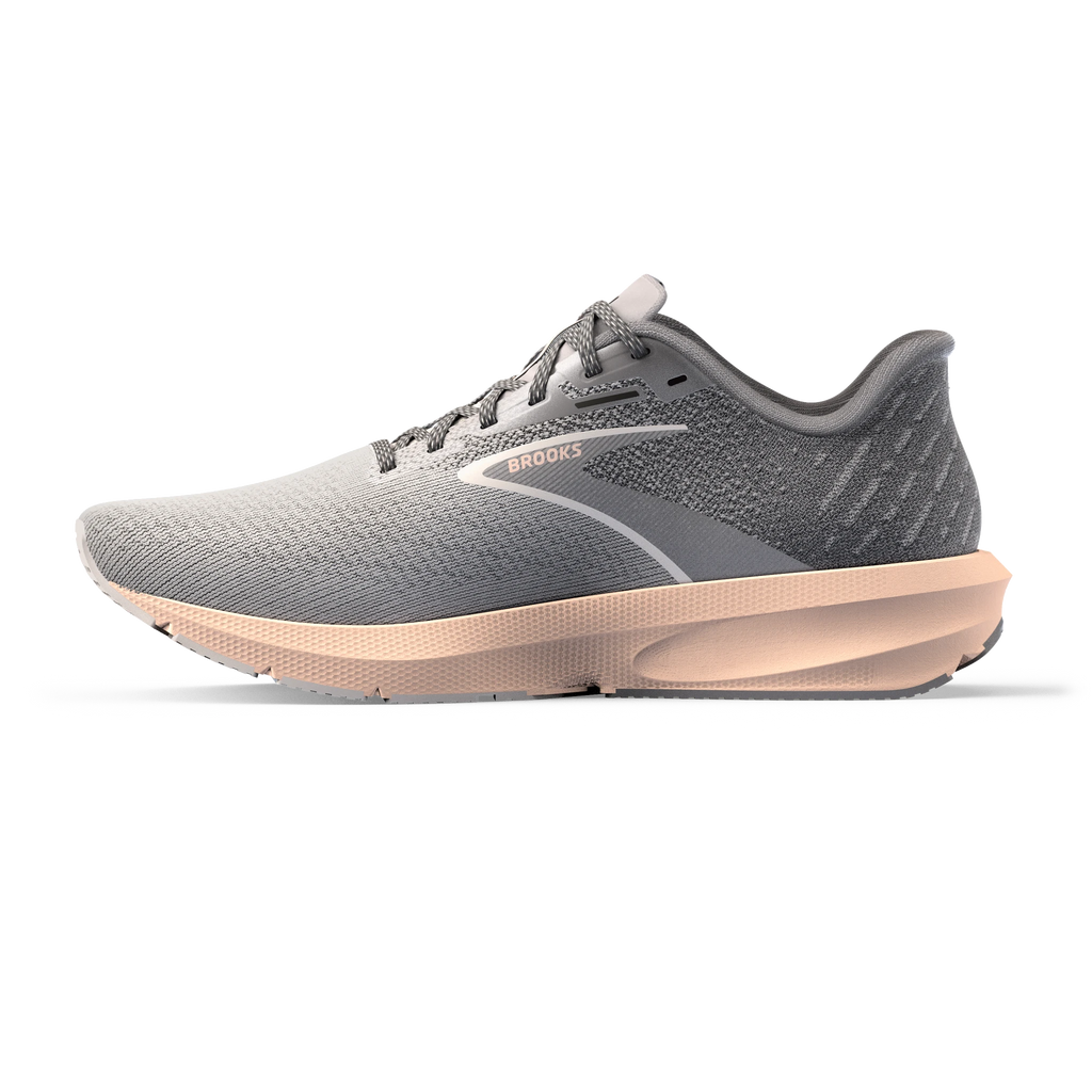 Women's Brooks Launch 10. Grey upper. Off pink midsole. Medial view.