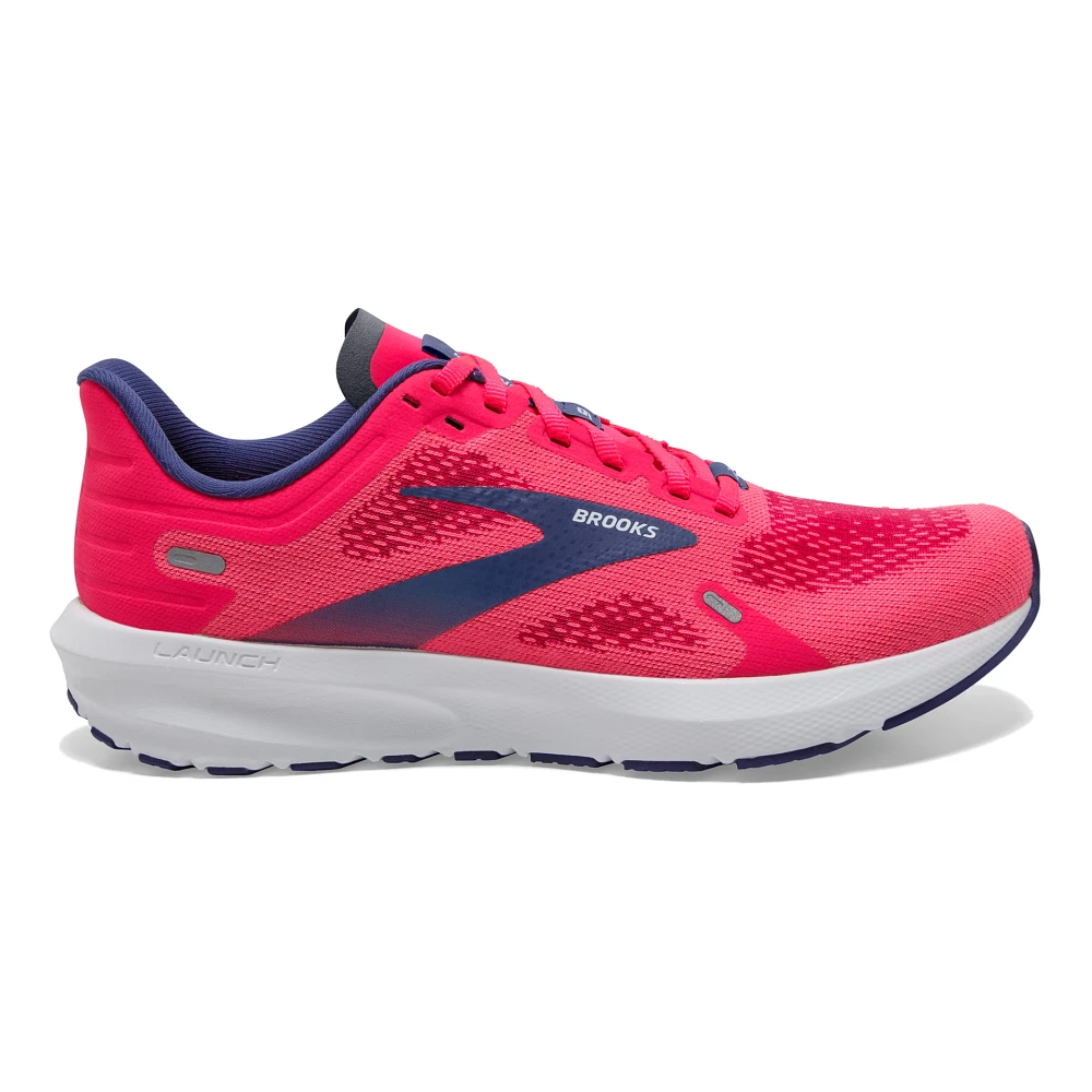 Women's Brooks Launch 9. Pink upper. White midsole. Lateral view.