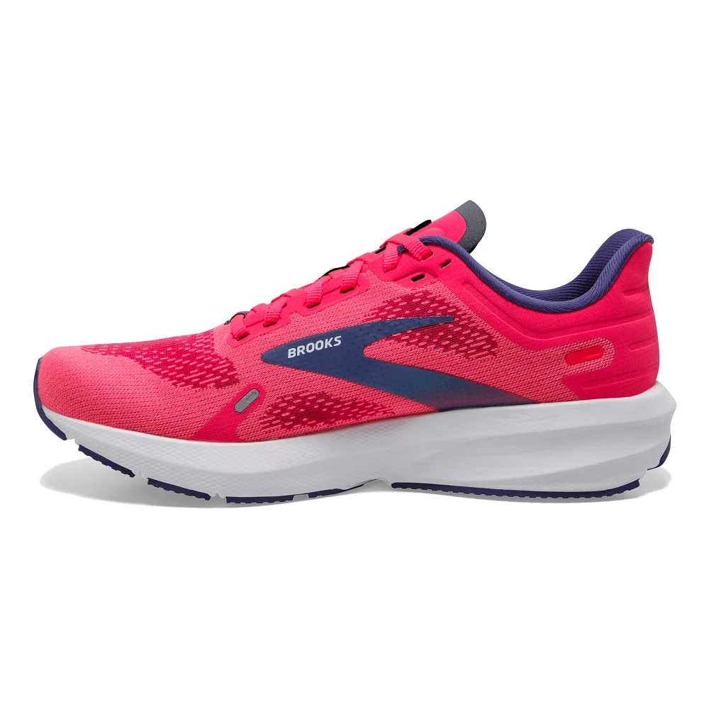 Women's Brooks Launch 9. Pink upper. White midsole. Medial view.