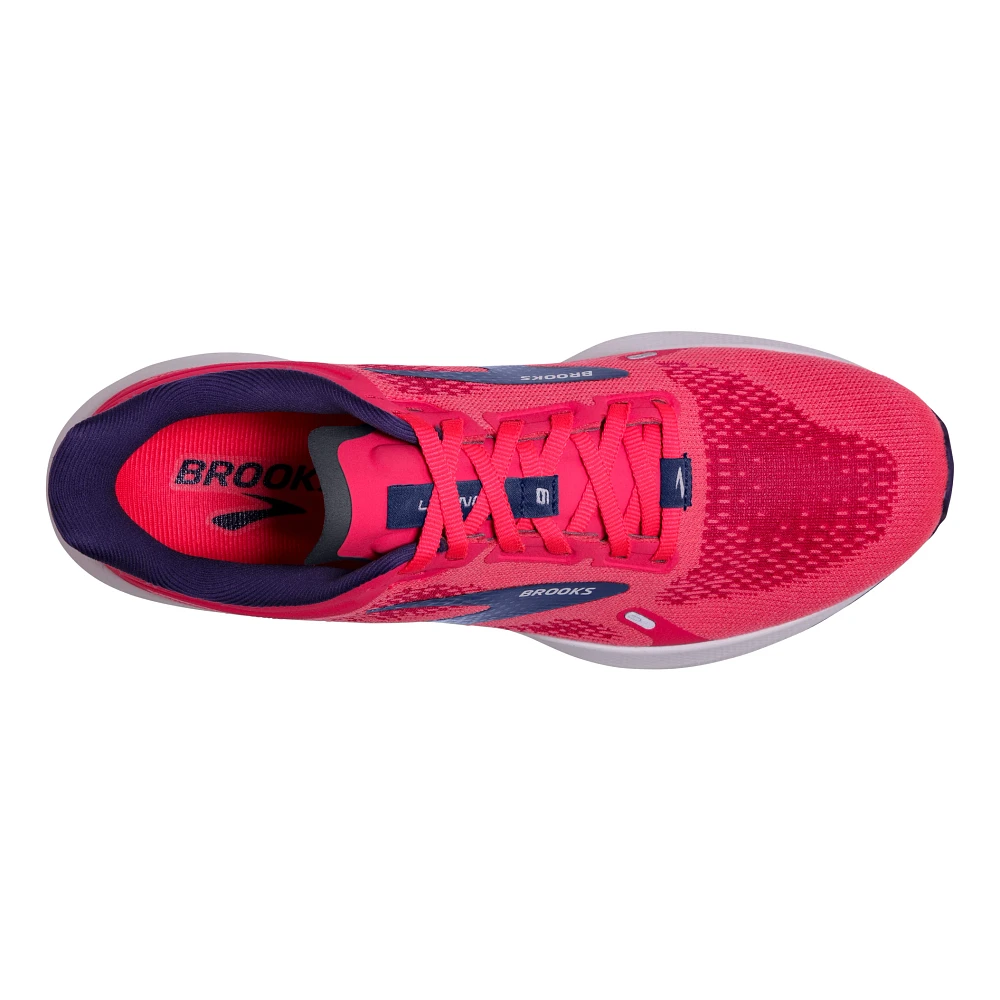 Women's Brooks Launch 9. Pink upper. White midsole. Top view.