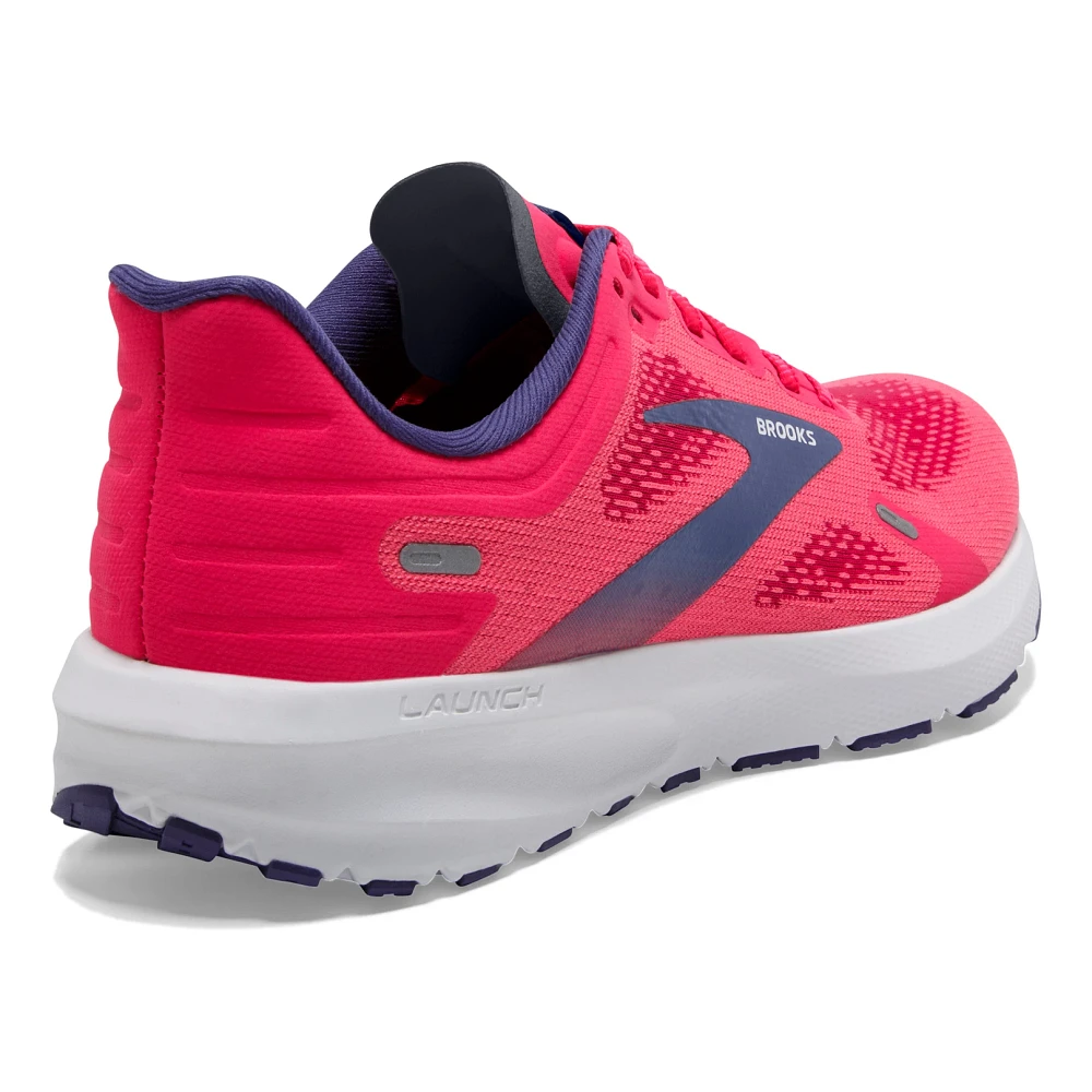 Women's Brooks Launch 9. Pink upper. White midsole. Rear/Lateral view.