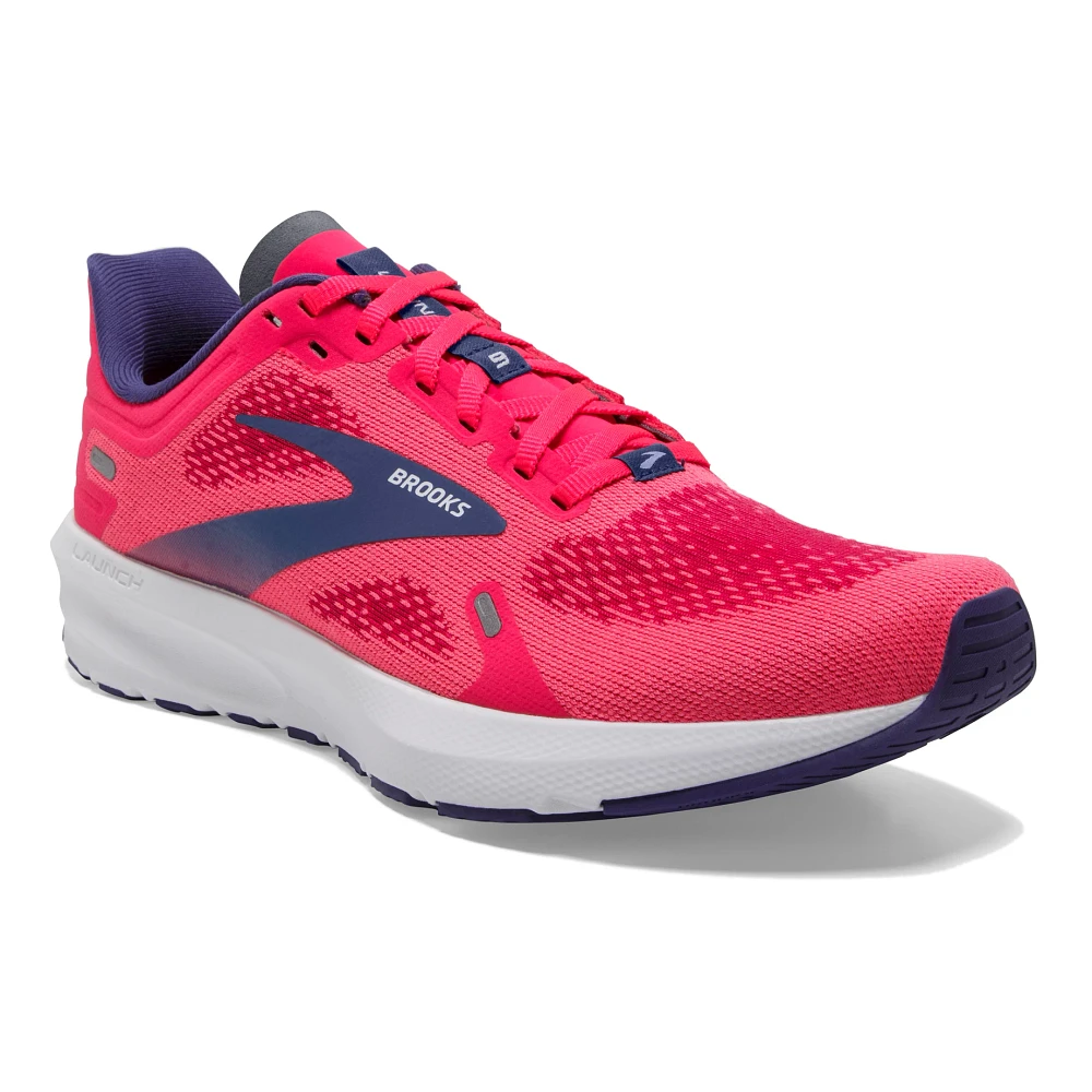 Women's Brooks Launch 9. Pink upper. White midsole. Front/Lateral view.