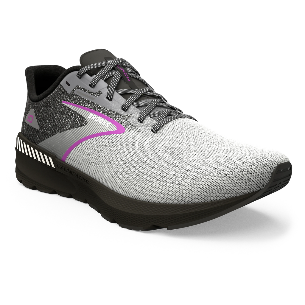 Women's Brooks Launch GTS 10. Grey upper. Black midsole. Front/Lateral view.