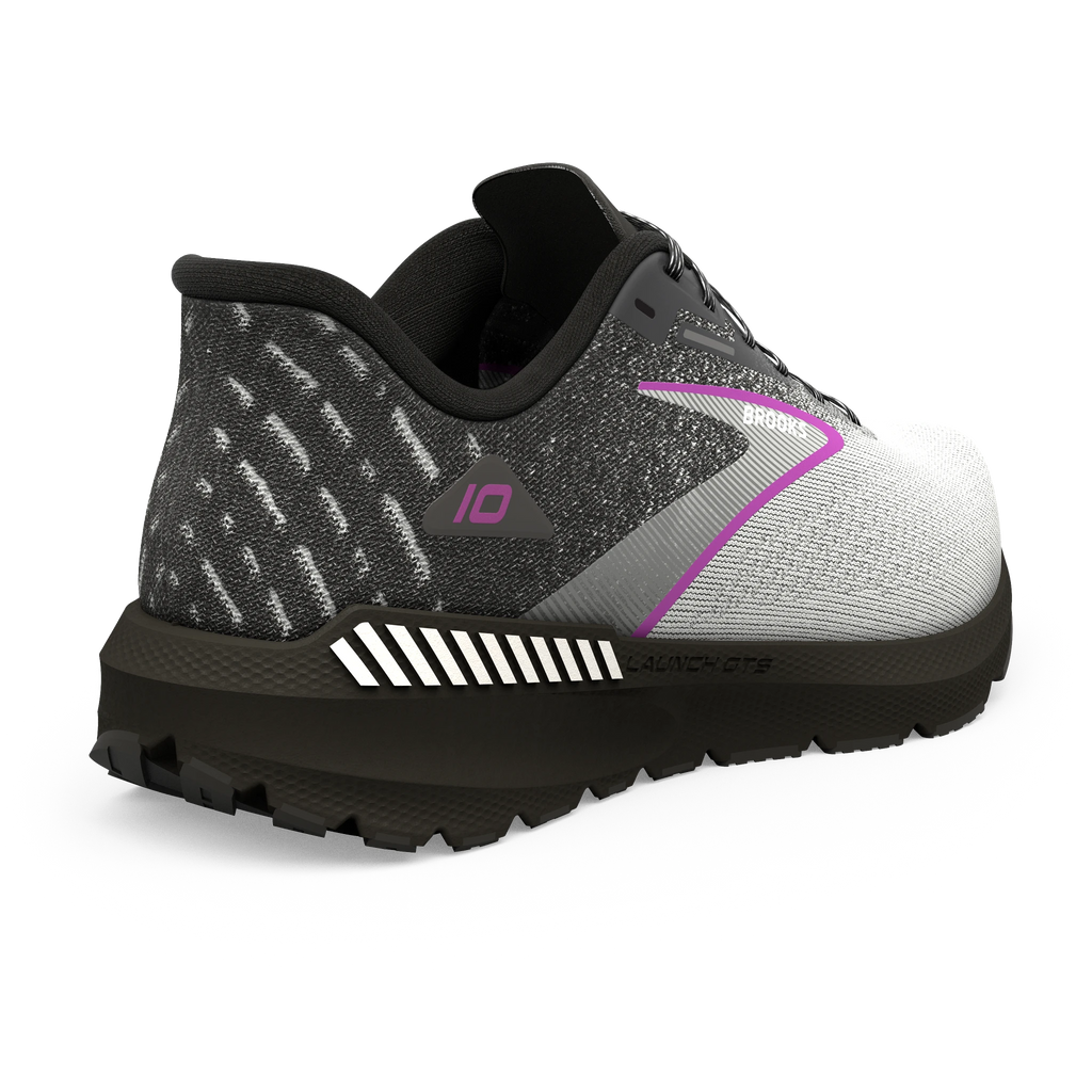 Women's Brooks Launch GTS 10. Grey upper. Black midsole. Rear/Lateral view.