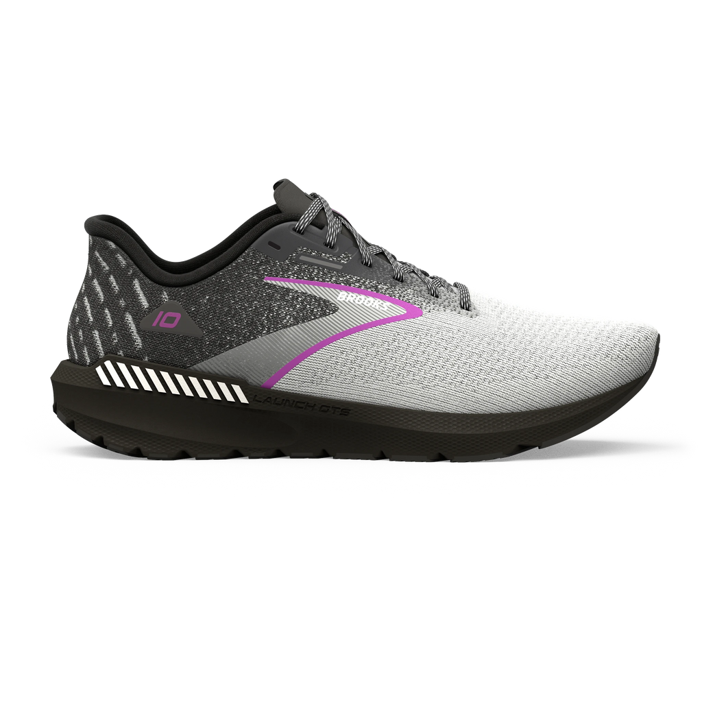 Women's Brooks Launch GTS 10. Grey upper. Black midsole. Lateral view.
