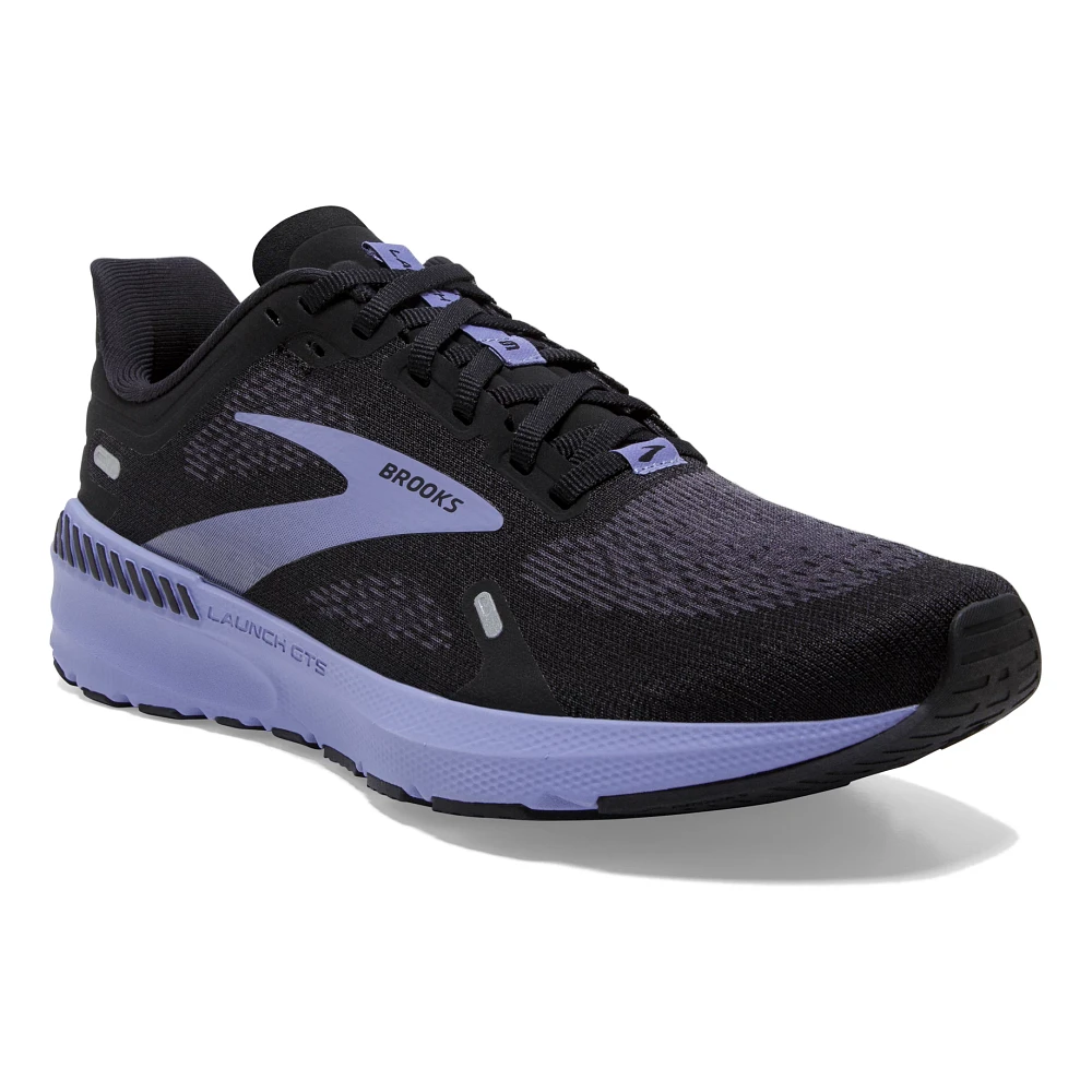 Women's Brooks Launch GTS 9. Black upper. Purple midsole. Front/Lateral view.