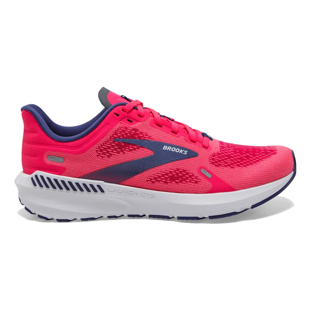 Women's Brooks Launch GTS 9. Pink upper. White midsole. Lateral view.